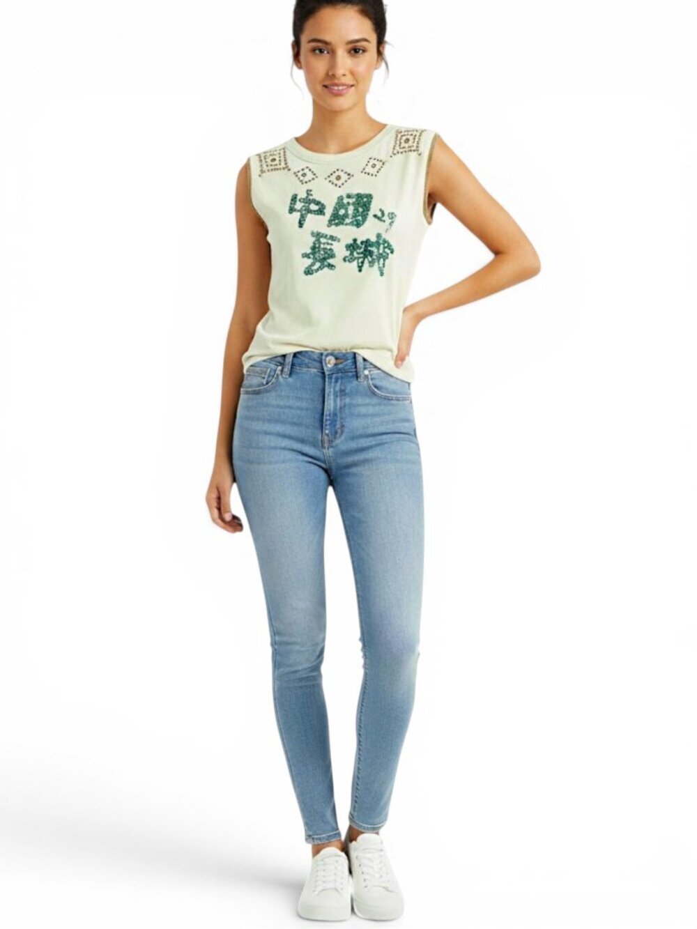 The Great China Wall Thermal Sleeveless Tank Top Swarovski Crystal Stud NWT OS